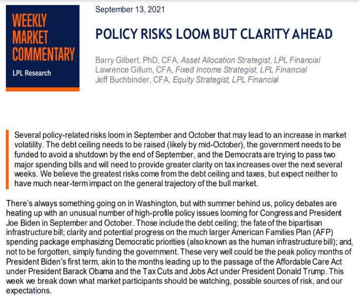 Policy Risks Loom But Clarity Ahead | Weekly Market Commentary | September 13, 2021
