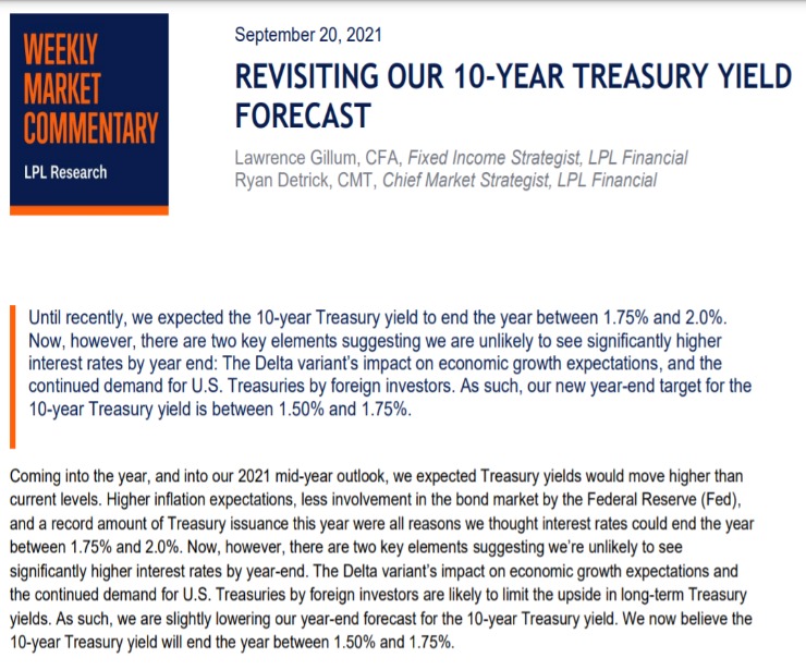 Revisiting Our 10-Year Treasury Yield Forecast | Weekly Market Commentary | September 20, 2021