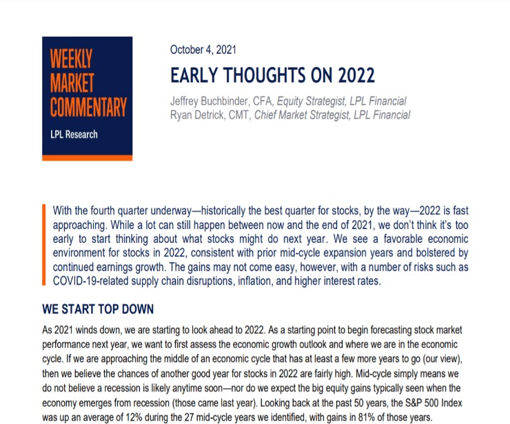 Early Thoughts on 2022 | Weekly Market Commentary | October 4, 2021