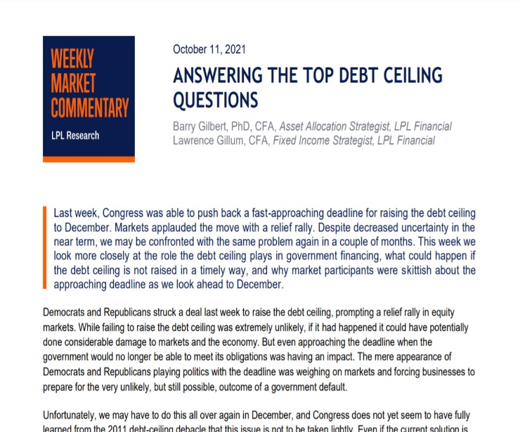 Answering the Top Debt Ceiling Questions | Weekly Market Commentary | October 11, 2021