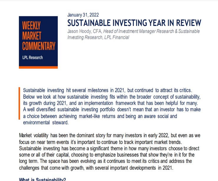 Sustainable Investing Year in Review | Weekly Market Commentary | January 31, 2022